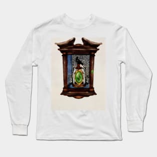 Cursed Emerald In Wood Cabinet of Curiosity With Raven Gold Ring Flanked by Marble Angels in Blue Velvet with Renaissance Background Long Sleeve T-Shirt